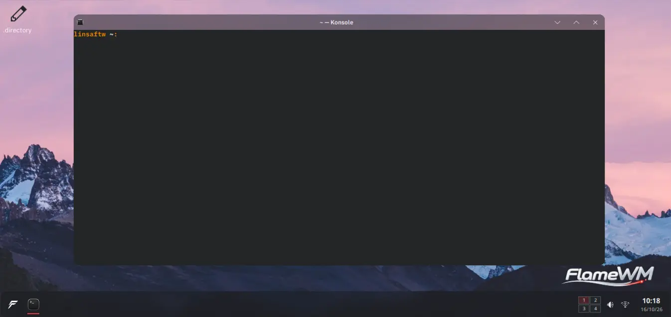 FlameWM desktop with Konsole, mountain wallpaper, taskbar and workspace switcher
