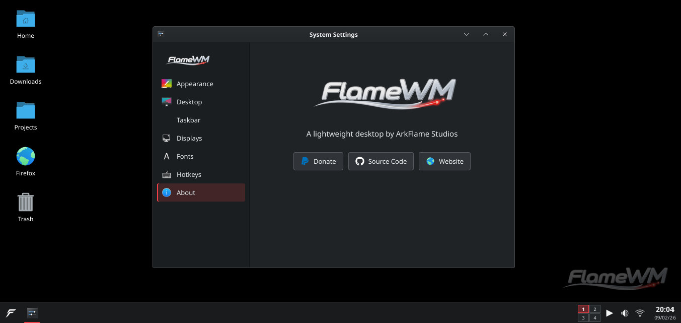 FlameWM desktop showing System Settings, desktop icons, taskbar, workspaces, status controls, and FlameWM branding
