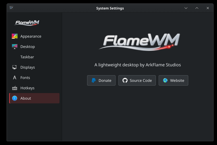 FlameWM System Settings About page with FlameWM branding