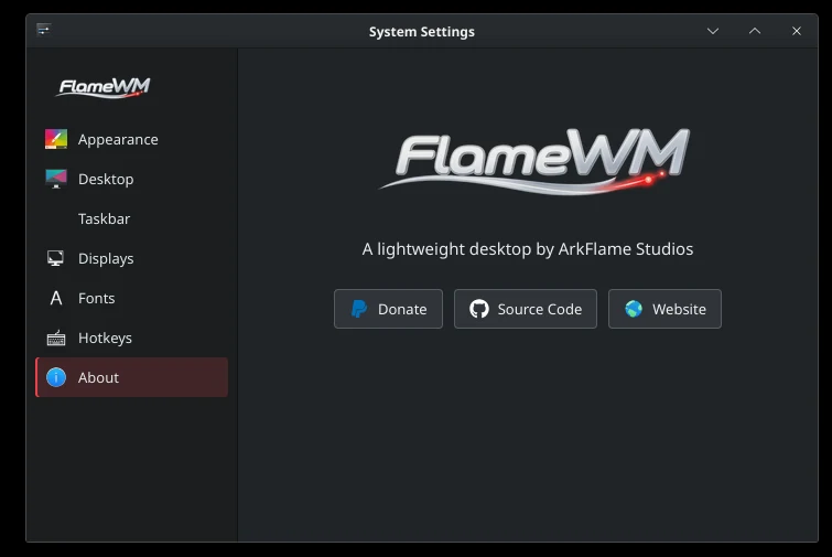 FlameWM system settings development screenshot