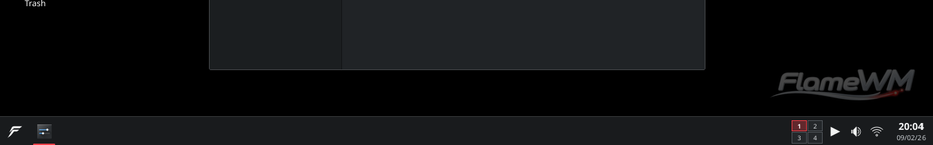 FlameWM desktop taskbar with application entries, workspace switcher, media and system status controls